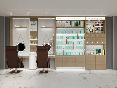 Shopping Mall Beauty Store Interior With Brown Chairs Mirrors And Green White Product Shelves 3d model