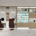 Shopping Mall Beauty Store Interior With Brown Chairs Mirrors And Green White Product Shelves