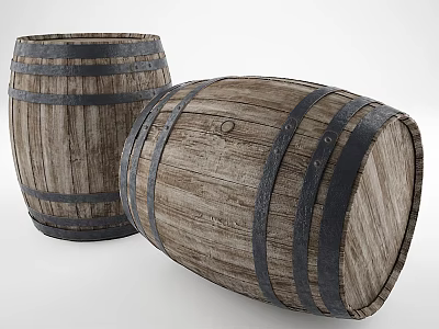 Rustic Wooden Barrels With Natural Wood Texture And Decorative Metal Bands 3d model