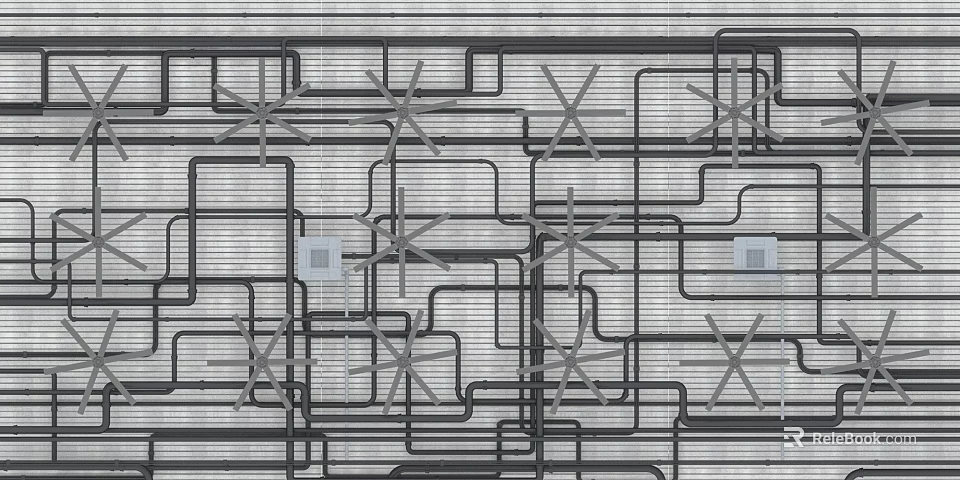 Complex Network of Black Pipes Arranged in Interlaced Grid with Square Nodes 3d model 