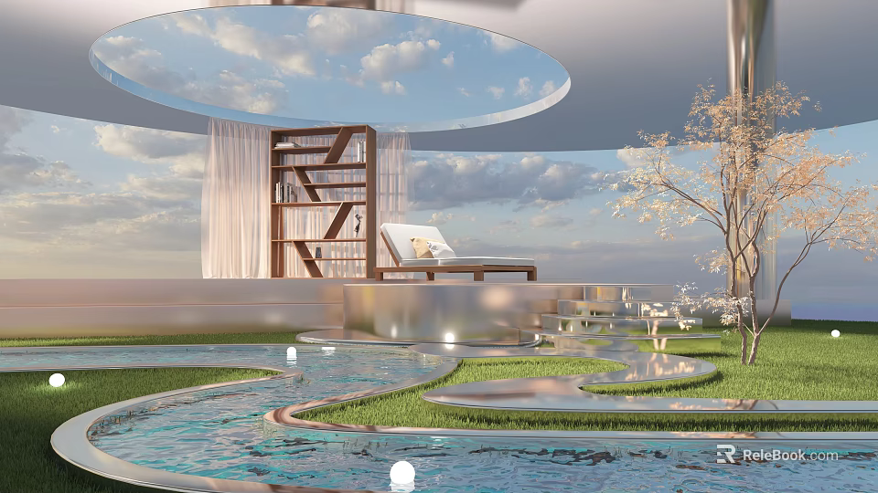 Scenic Outdoor Landscape with Water Pool Green Lawn Lounge Chair Wooden Shelf and Sky Clouds 3d model 