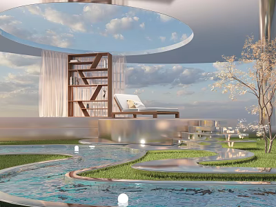 Scenic Outdoor Landscape with Water Pool Green Lawn Lounge Chair Wooden Shelf and Sky Clouds 3d model
