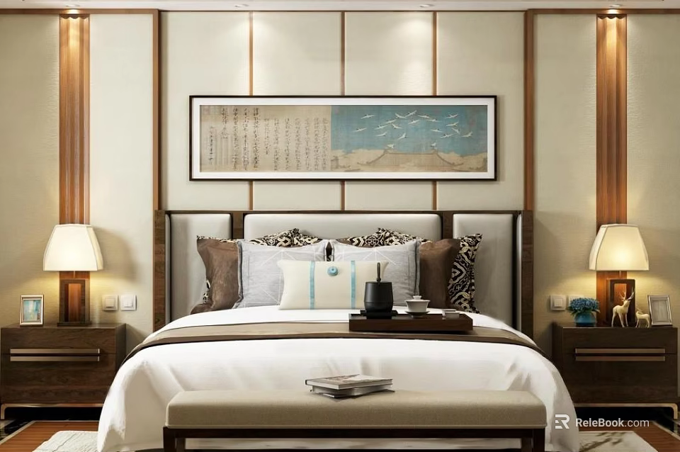 Background Double Bed In Chinese Style With Headboard Decorative Painting Nightstands Table Lamps And Pillows 3d model 