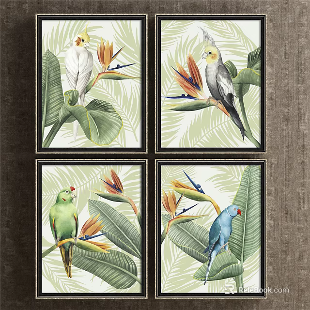 Colorful Parrot Animal Paintings With Tropical Leaves And Flowers In Frames 3d model 