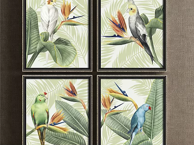 Colorful Parrot Animal Paintings With Tropical Leaves And Flowers In Frames 3d model