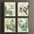 Colorful Parrot Animal Paintings With Tropical Leaves And Flowers In Frames