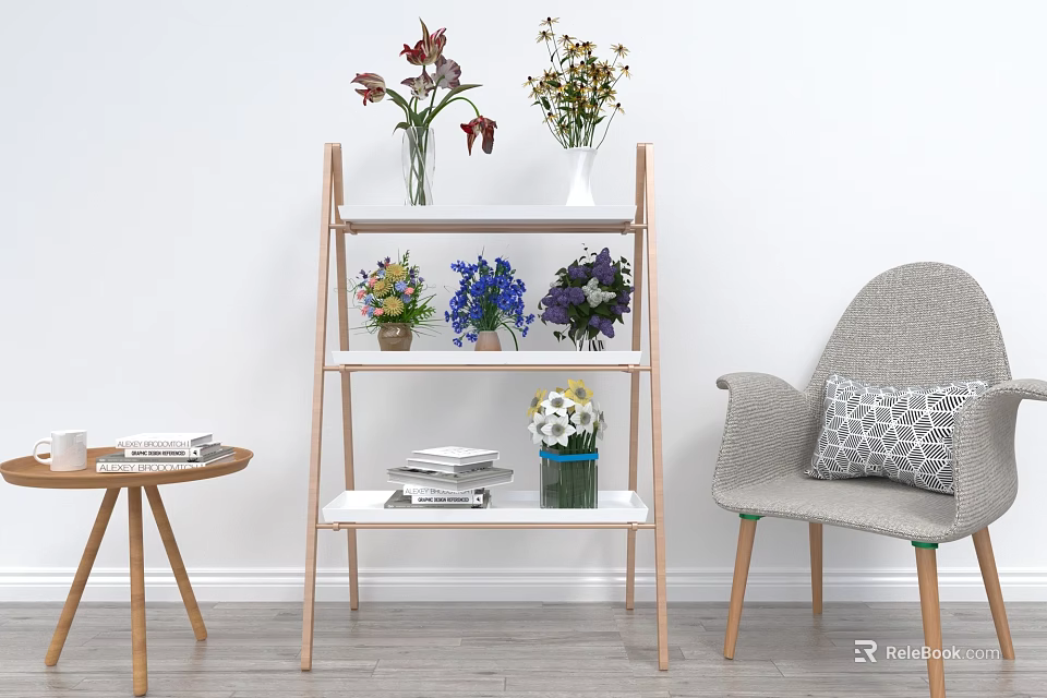 Ladder Shelf With Various Flower Vases And Colorful Blooms In Home Interior With Armchair 3d model 