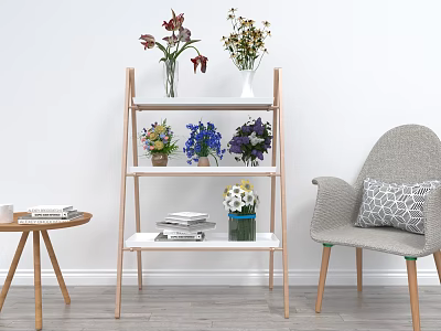 Ladder Shelf With Various Flower Vases And Colorful Blooms In Home Interior With Armchair 3d model