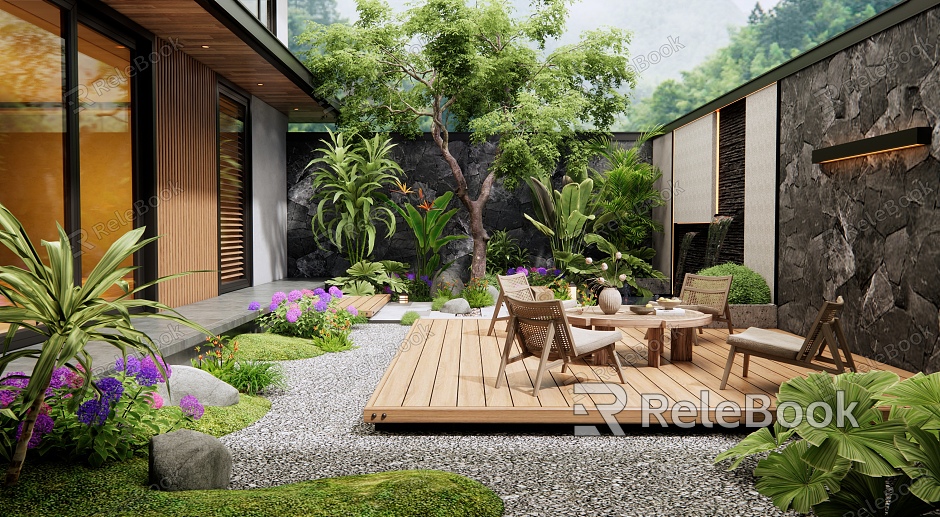 Villa Courtyard Landscape Outdoor Table and Chair Waterscape Plants Landscaping Flowers and Plants Landscape Trees Plant Pile model