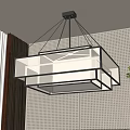Modern Rectangular Pendant Light in Minimalist Interior with Perforated Wall and Green Plant 3d model