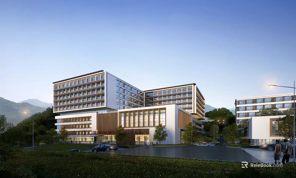 Modern Multi Story Hotel Building Exterior With Glass Facade And Landscaped Gardens 3d model 