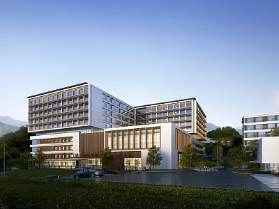 Modern Multi Story Hotel Building Exterior With Glass Facade And Landscaped Gardens 3d model