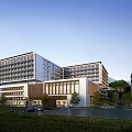 Modern Multi Story Hotel Building Exterior With Glass Facade And Landscaped Gardens