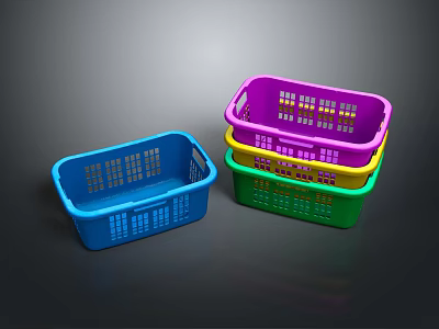 Adorable Kittens Playing in Colorful Plastic Baskets with Blue Purple Green Yellow 3d model