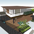 Modern Detached Villa With Brown Roof Balcony Green Plants Palm Tree And Brick Wall
