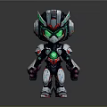 Cartoon Style 3D Robot Character With Green Eyes And Metallic Armor Chest Core