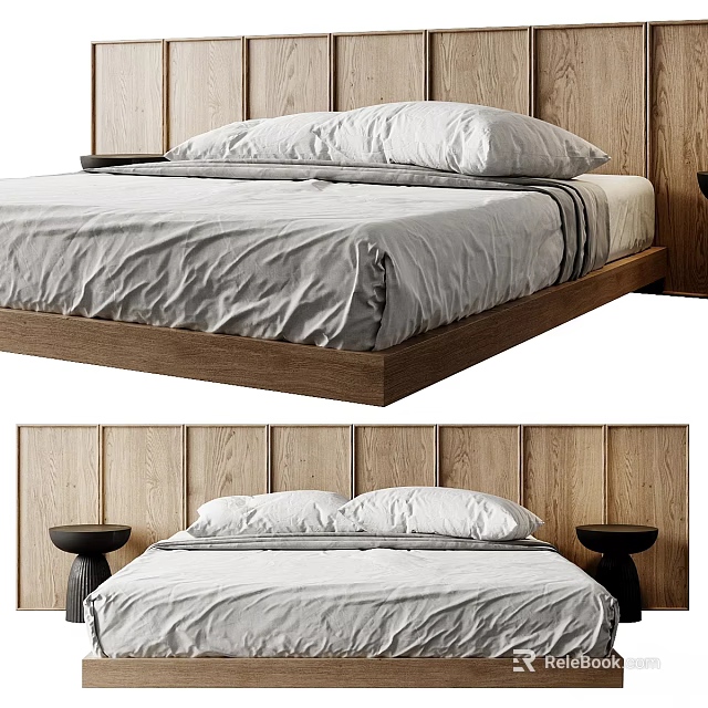 Modern Minimalist Double Bed With Wooden Headboard Gray Bedding And Side Tables 3d model 