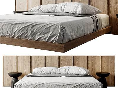 Modern Minimalist Double Bed With Wooden Headboard Gray Bedding And Side Tables 3d model