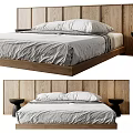 Modern Minimalist Double Bed With Wooden Headboard Gray Bedding And Side Tables
