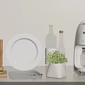Stylish Kitchenware Set With Wooden Cutting Board White Plate Glass Bottles And Coffee Machine