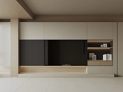 Modern TV Background Wall Design With Wooden Panels Black Cabinets And Display Shelves 3d model