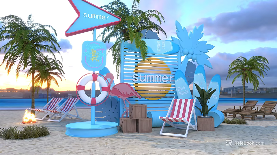 Summer Beach Scene With Lifebuoy Flamingo Decorations Striped Deck Chairs And Palm Trees 3d model 