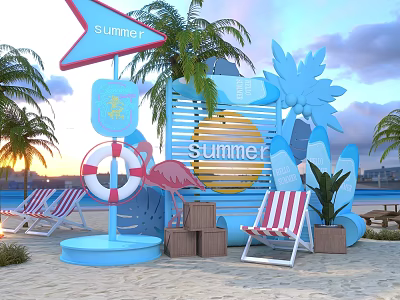 Summer Beach Scene With Lifebuoy Flamingo Decorations Striped Deck Chairs And Palm Trees 3d model