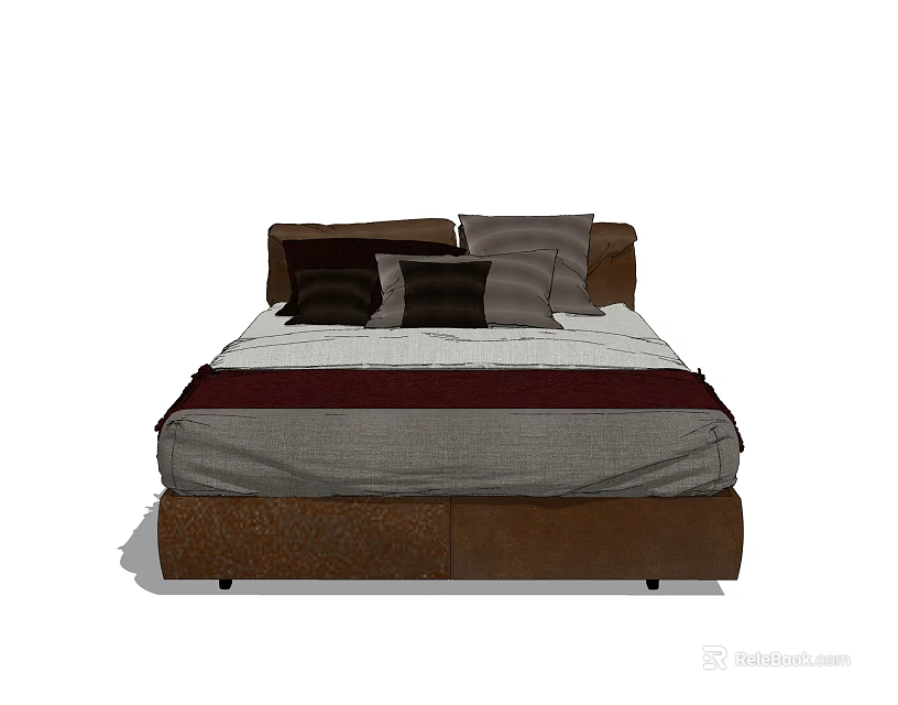 Modern Brown Double Bed Design With Multiple Gray And Dark Pillows And Layered Bedspread 3d model