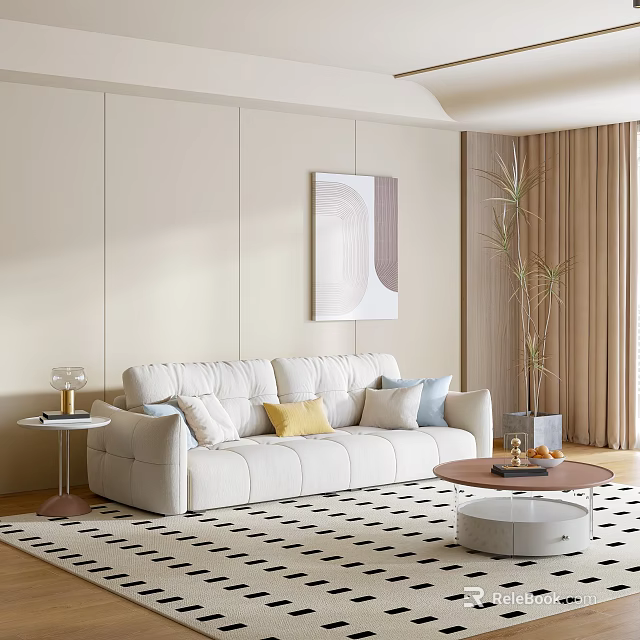 Modern Beige Sectional Sofa With Colorful Cushions Coffee Table Side Table And Rug 3d model