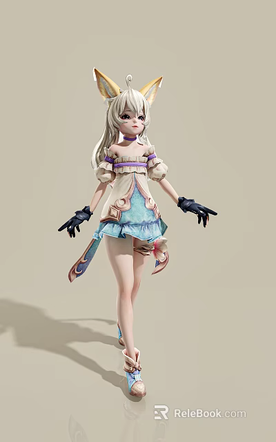 Anime Game Character With White Long Hair And Ruffled Blue White Dress 3d model 