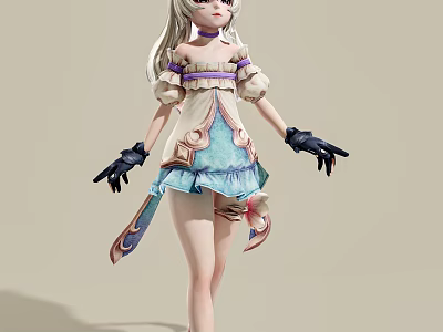 Anime Game Character With White Long Hair And Ruffled Blue White Dress 3d model