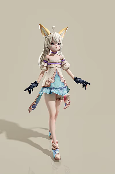 Anime Game Character With White Long Hair And Ruffled Blue White Dress 3d model