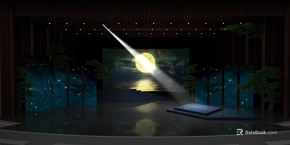 Stage Design Featuring Large Screen Full Moon Water Reflection Spotlight And Decorative Trees 3d model 