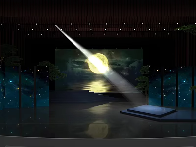 Stage Design Featuring Large Screen Full Moon Water Reflection Spotlight And Decorative Trees 3d model