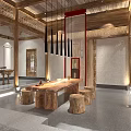 Traditional Chinese Teahouse Interior With Wooden Table Tree Stump Stools Decorative Ceiling And Stone Walls