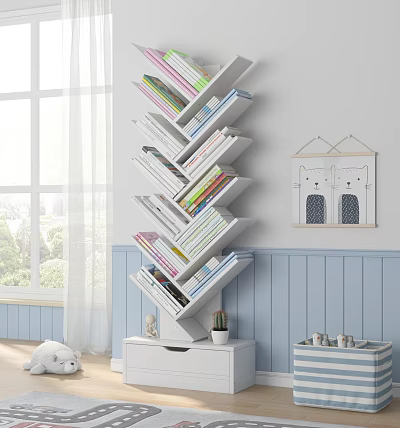 Leaning Bookcase With Multiple Tiers Filled With Books Wall Decor And Natural Light In Bright Room 3d model