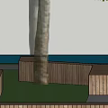 Wooden Landscape Benches Along Paved Path With Green Grass And Tree Shade