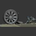 Car Tire With Blue Mechanical Components On Grass Base And Small Parts