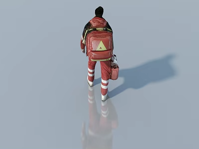 Game Character In Red Uniform With Red Backpack Yellow Triangular Sign Walking On White Background 3d model