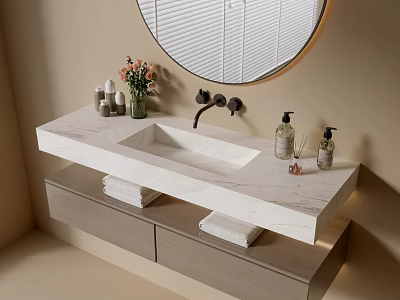 Modern Bathroom Vanity with Marble Countertop and Round Mirror Flower Vase and Toiletries on Cabinet 3d model