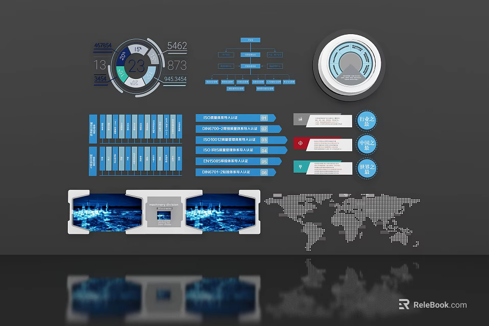 Modern Data Visualization Dashboard With Charts Maps Infographics And Analytics Elements 3d model