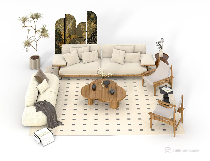 Beige Sofa and Wooden Coffee Table Set with Checkered Rug Decorative Paintings and Plants 3d model 