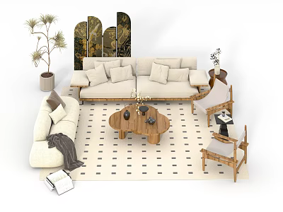 Beige Sofa and Wooden Coffee Table Set with Checkered Rug Decorative Paintings and Plants 3d model