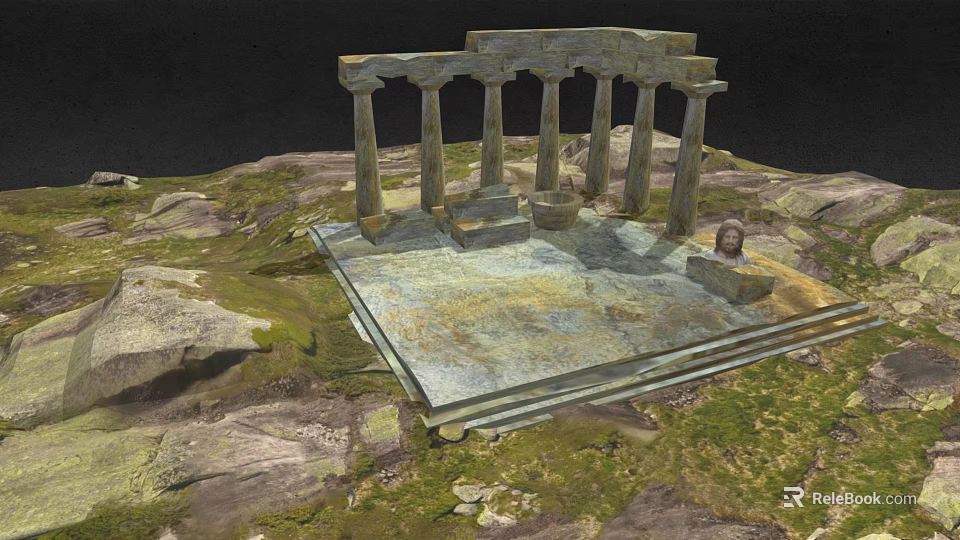 Ancient Stone Ruins With Columns Platform And Rocky Grassy Ground Surroundings 3d model 