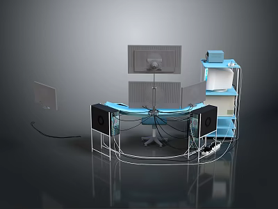 Modern Computer Workstation With Multiple Monitors Curved Desk Speakers And Cable Management 3d model