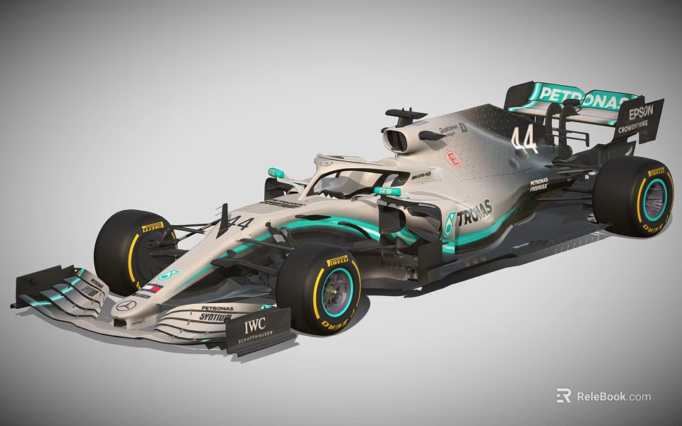 Silver Gray Formula 1 Racing Car With Green Stripes And PETRONAS W11 Design 3d model 