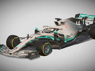 Silver Gray Formula 1 Racing Car With Green Stripes And PETRONAS W11 Design 3d model