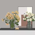 Transparent Vases With Yellow Chrysanthemums And White Roses On Light Colored Tabletop With Mirror