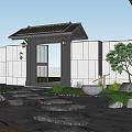 Traditional Japanese Courtyard Garden With Wooden Roof Stone Path And Lush Greenery