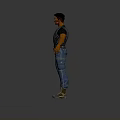 3D Male Character Model In Black Patterned Tshirt Blue Cargo Pants And Gray Boots